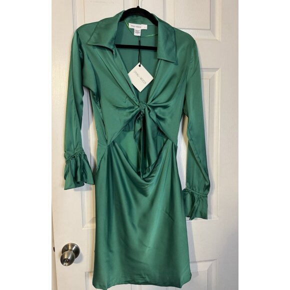 Spring & Mercer Dress XL Emerald Green Long Flutter Sleeve Tie Front Cut Out NEW - Picture 2 of 5